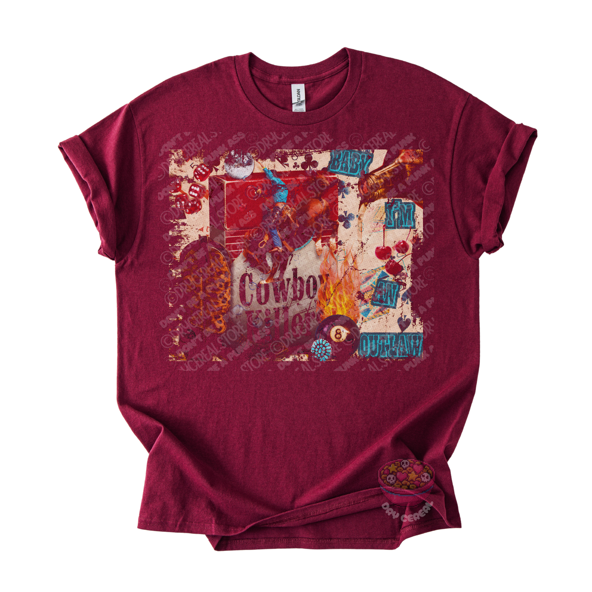 Maroon unisex T-shirt featuring an original Cowboy Killer western collage graphic with distressed vintage textures, cherries, dice, flames, and outlaw-inspired artwork.