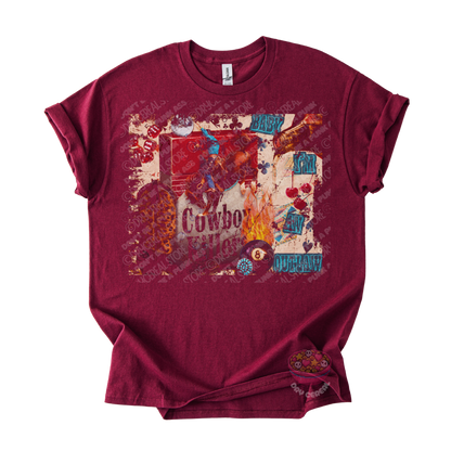 Maroon unisex T-shirt featuring an original Cowboy Killer western collage graphic with distressed vintage textures, cherries, dice, flames, and outlaw-inspired artwork.