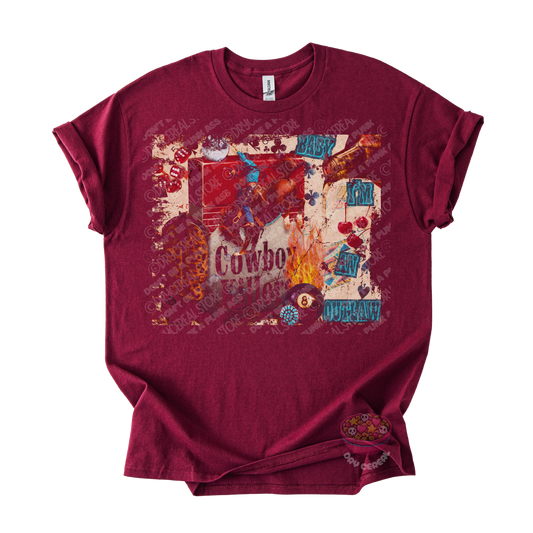 Maroon unisex T-shirt featuring an original Cowboy Killer western collage graphic with distressed vintage textures, cherries, dice, flames, and outlaw-inspired artwork.