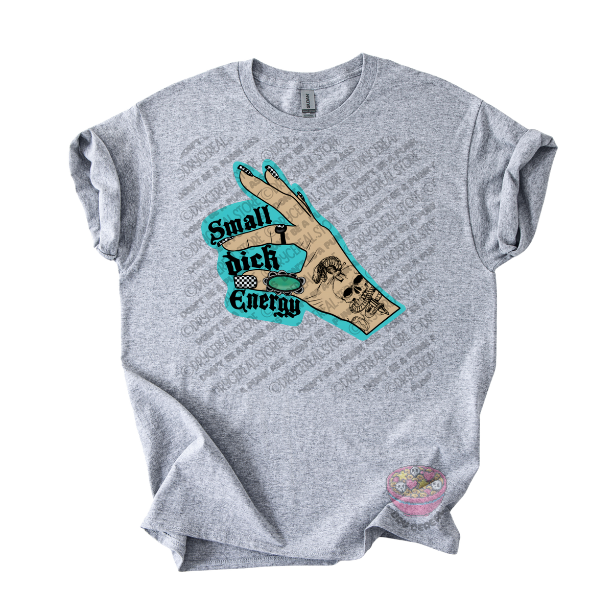 A heather gray short-sleeve t-shirt with a graphic on the front showing a hand gesture and the text 'Small Dick Energy' in black and teal.