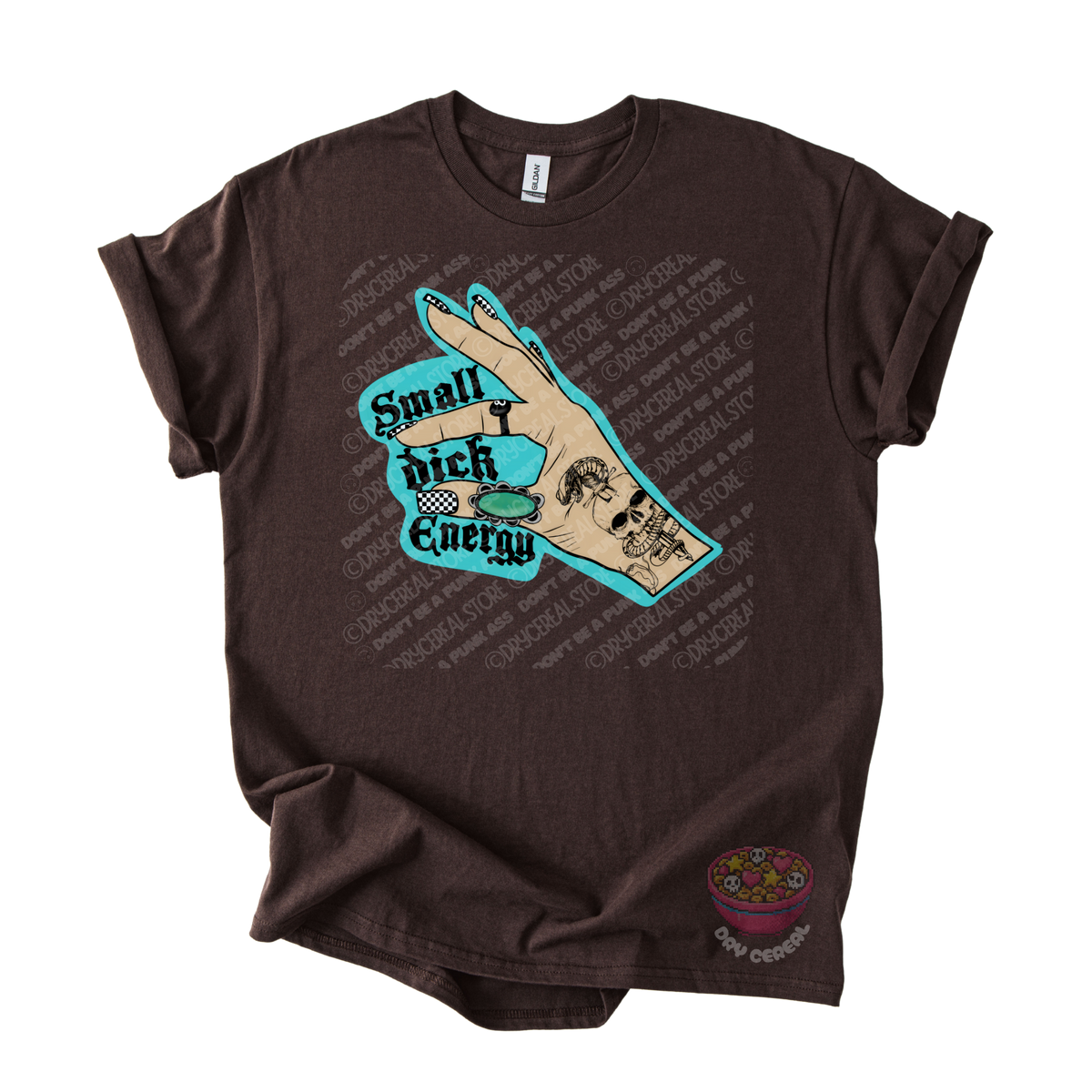 A dark brown graphic t-shirt featuring a hand graphic with the text 'Small Dick Energy' in teal and black.