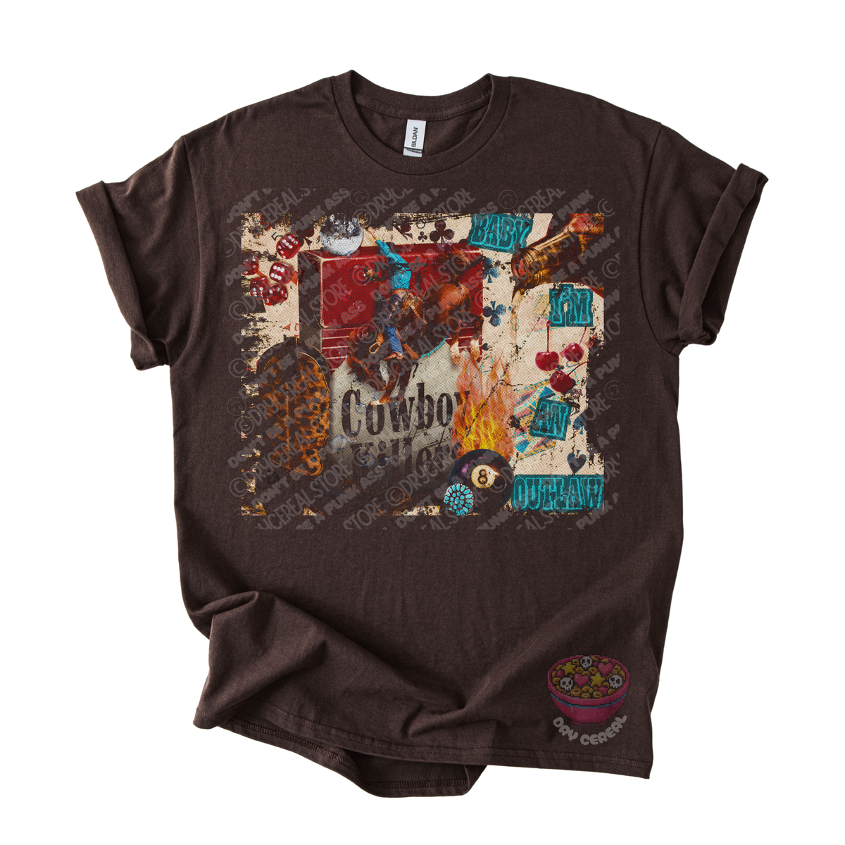Dark brown unisex T-shirt featuring an original Cowboy Killer western collage graphic with distressed vintage textures, cherries, dice, flames, and outlaw-inspired artwork.