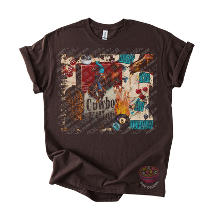 Dark brown unisex T-shirt featuring an original Cowboy Killer western collage graphic with distressed vintage textures, cherries, dice, flames, and outlaw-inspired artwork.