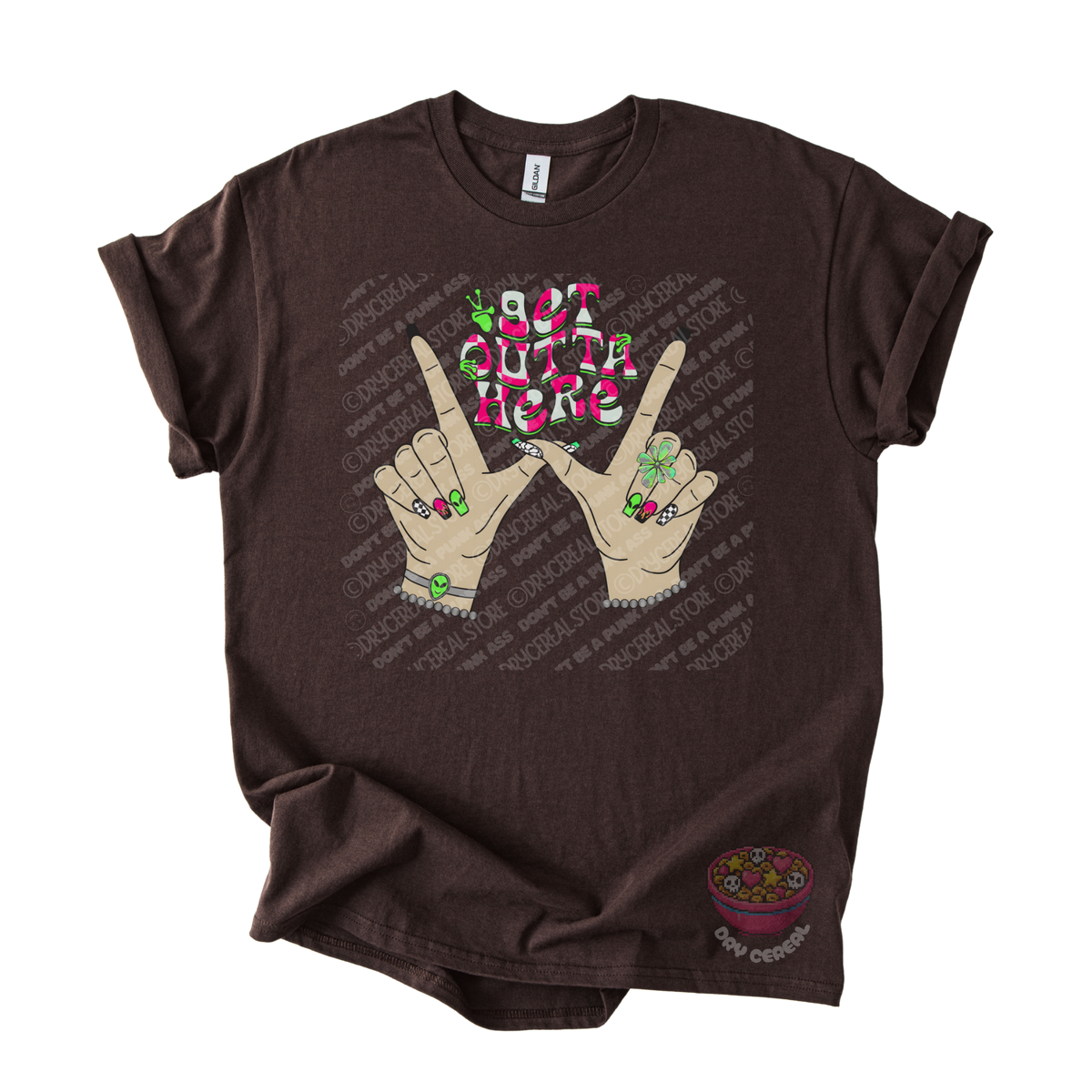 Dark brown unisex T-shirt featuring the phrase "Get Outta Here" above Y2K-inspired hands making the iconic gesture with colorful nails, alien accents, bracelets, and retro lettering.