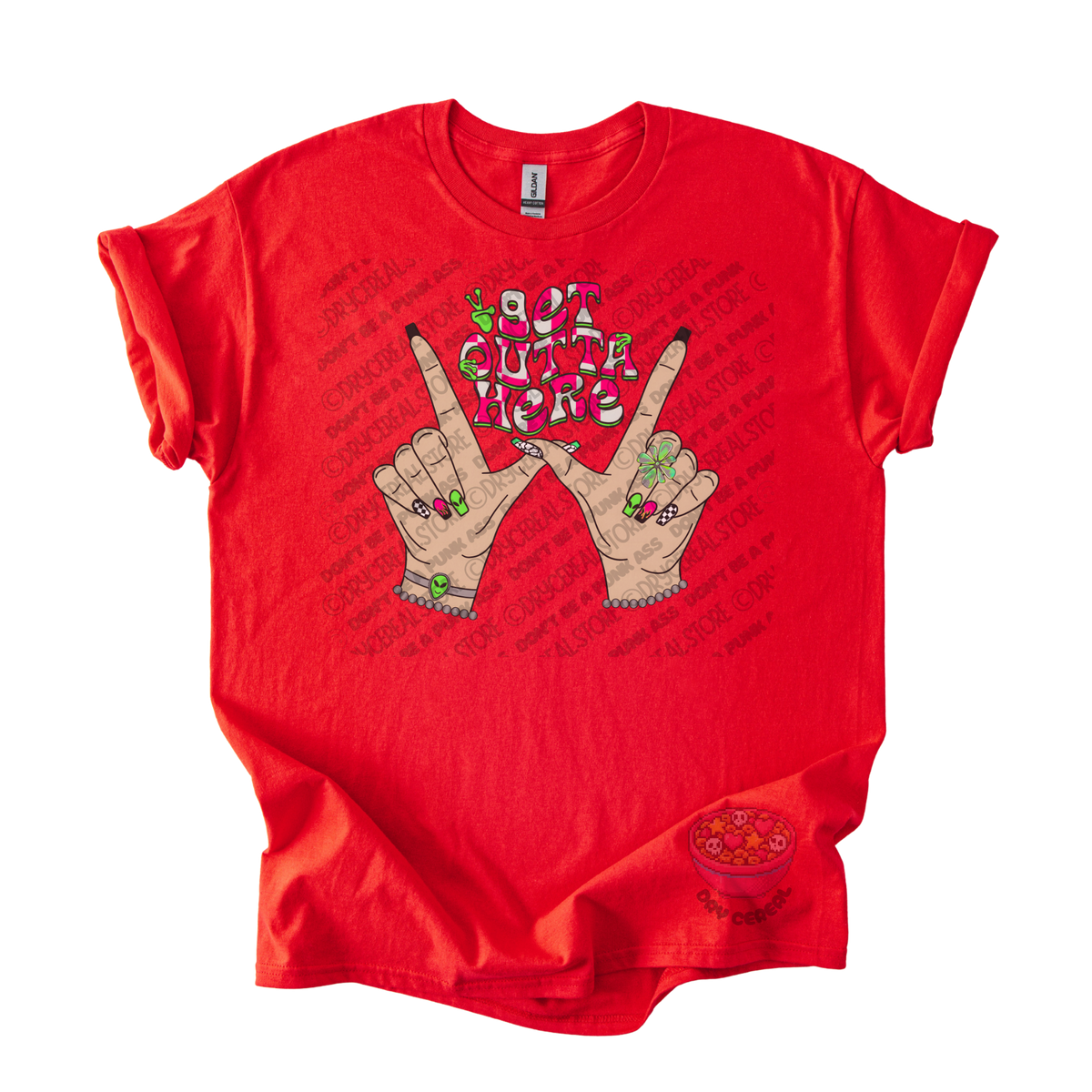 Red unisex T-shirt featuring the phrase "Get Outta Here" above Y2K-inspired hands making the iconic gesture with colorful nails, alien accents, bracelets, and retro lettering.