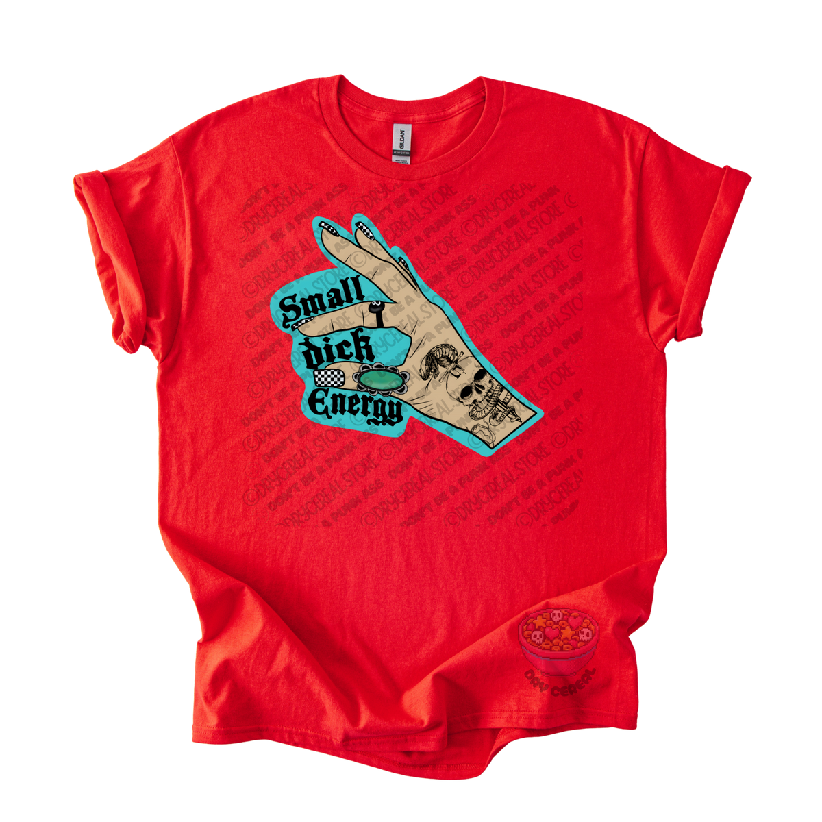 A bright red short-sleeve t-shirt with a graphic on the front showing a hand over a turquoise background with the text 'Small dick Energy'.