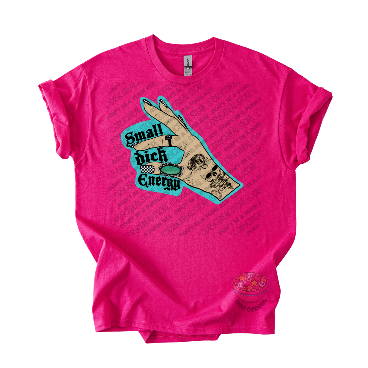 A bright pink short-sleeve t-shirt with a graphic on the front showing a hand over a turquoise background with the text 'Small dick energy'.