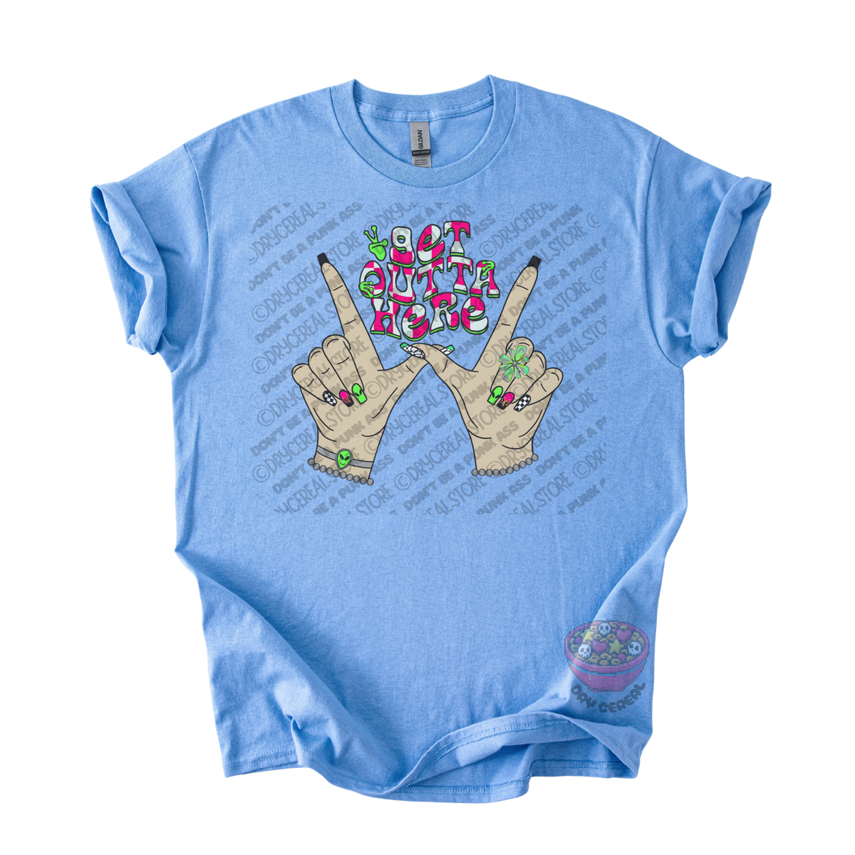 Light blue unisex T-shirt featuring the phrase "Get Outta Here" above Y2K-inspired hands making the iconic gesture with colorful nails, alien accents, bracelets, and retro lettering.