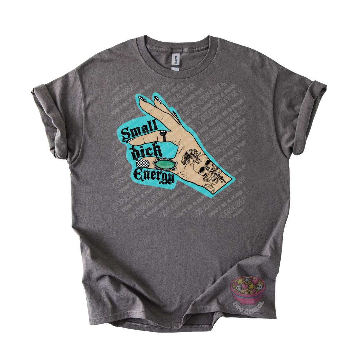 A dark gray graphic t-shirt featuring a hand graphic with the text 'Small dick Energy'.
