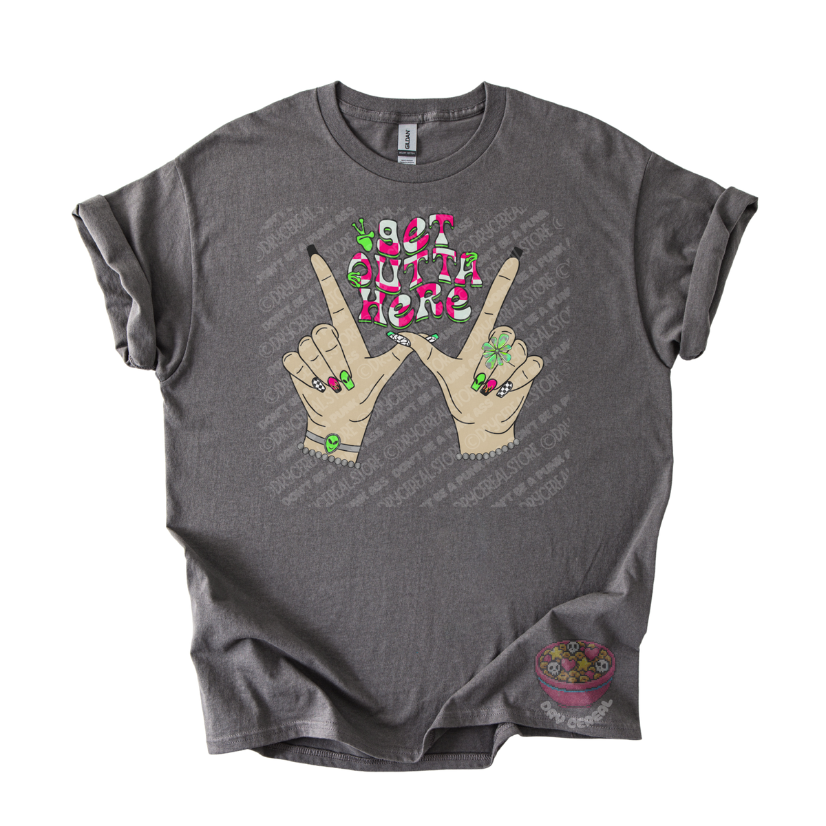 Dark gray unisex T-shirt featuring the phrase "Get Outta Here" above Y2K-inspired hands making the iconic gesture with colorful nails, alien accents, bracelets, and retro lettering.