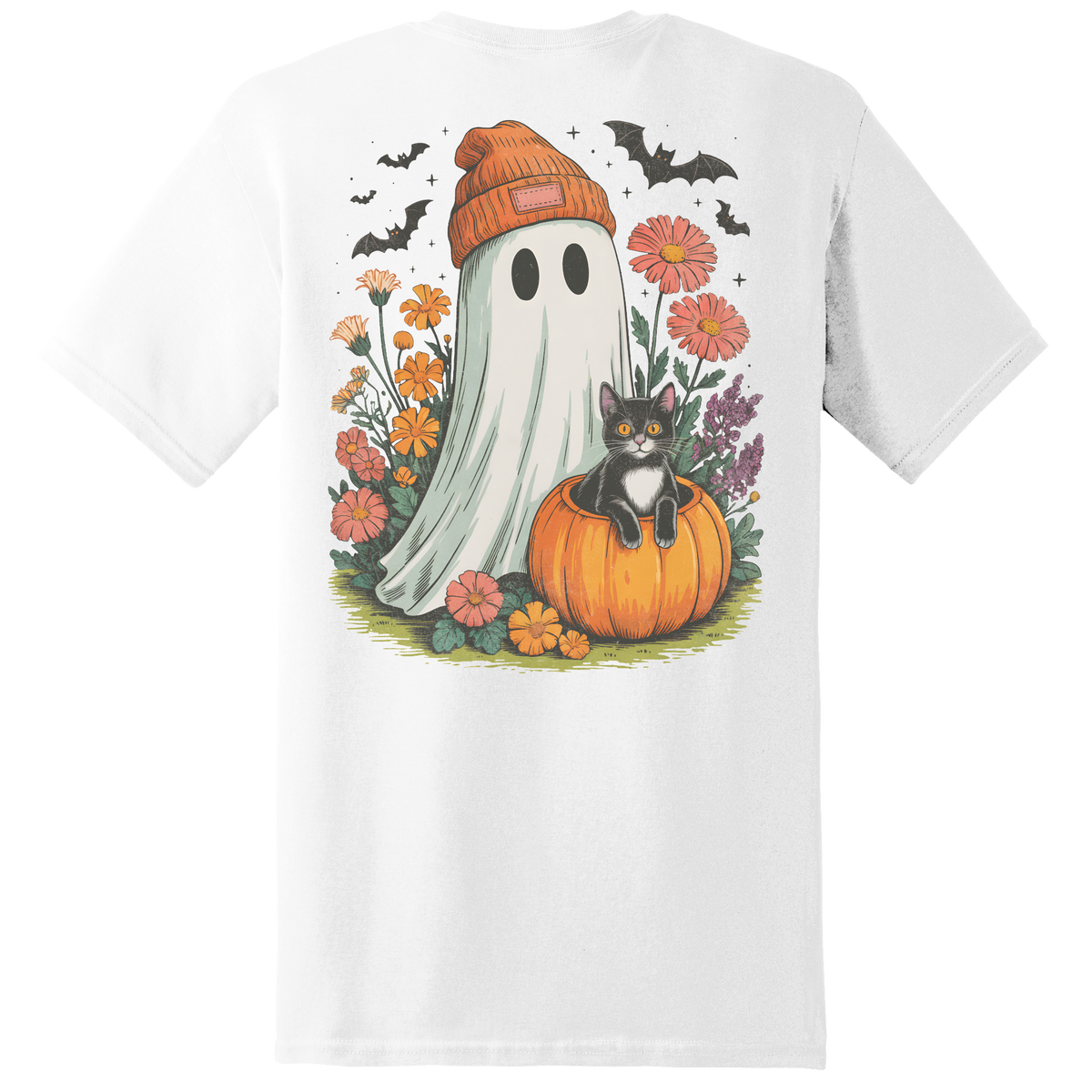 Ghost & Black Cat Pumpkin Tee - Back Print