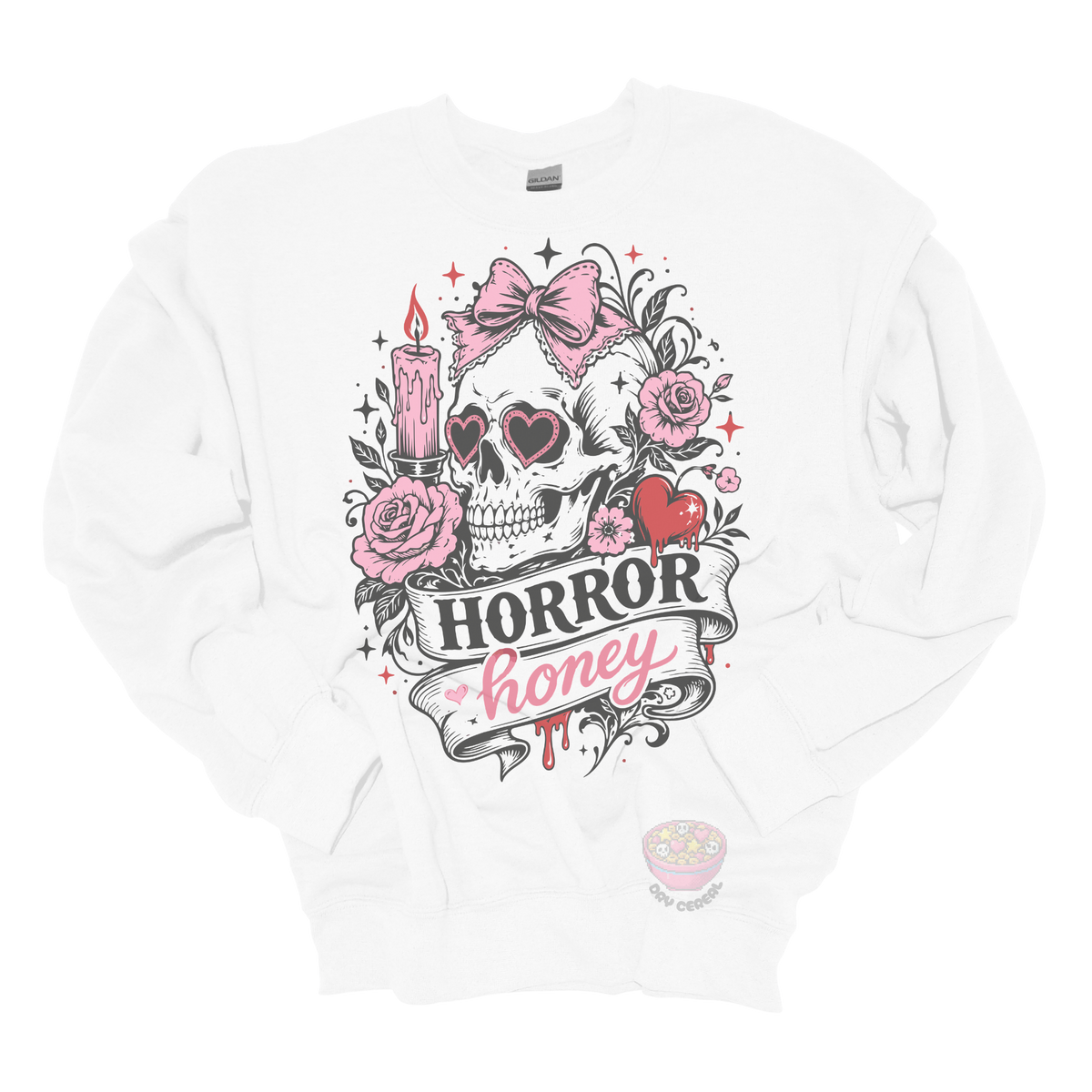 White crewneck sweatshirt featuring a vintage skull with heart-shaped sunglasses, pink bow, roses, candle, dripping heart, and the phrase "Horror Honey" in a spooky gothic design.