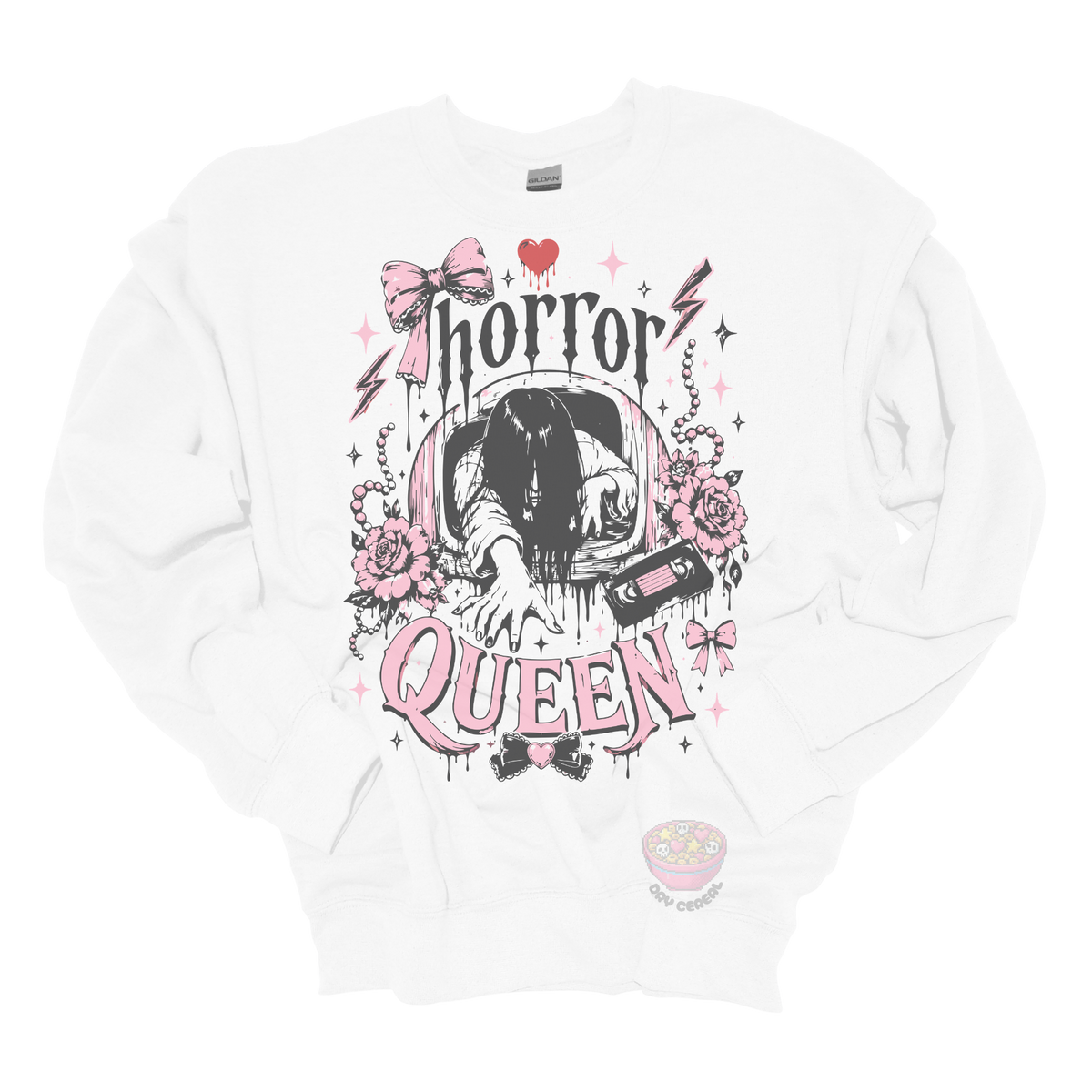 White crewneck sweatshirt featuring a horror-inspired long-haired ghost emerging from a television, surrounded by pink bows, roses, pearls, lightning bolts, and the phrase "Horror Queen."