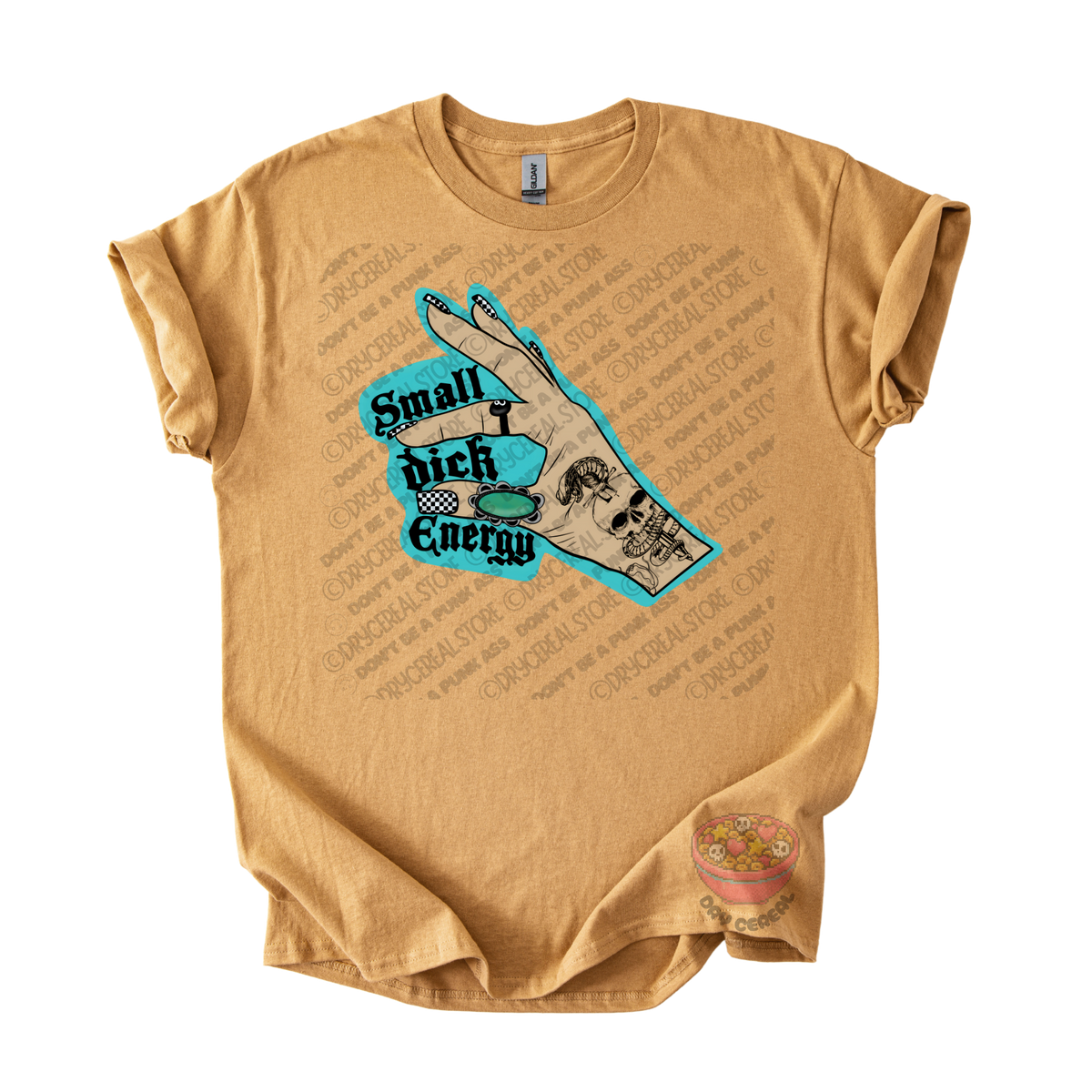 A tan graphic t-shirt featuring a hand illustration with a skull and the text 'Small dick Energy' in black