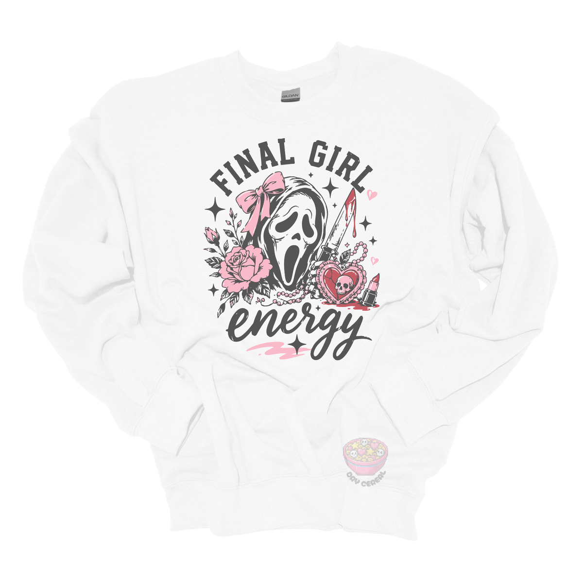 White crewneck sweatshirt featuring a horror-inspired ghost mask design with pink roses, a bloody knife, heart locket, lipstick, and the phrase "Final Girl Energy."