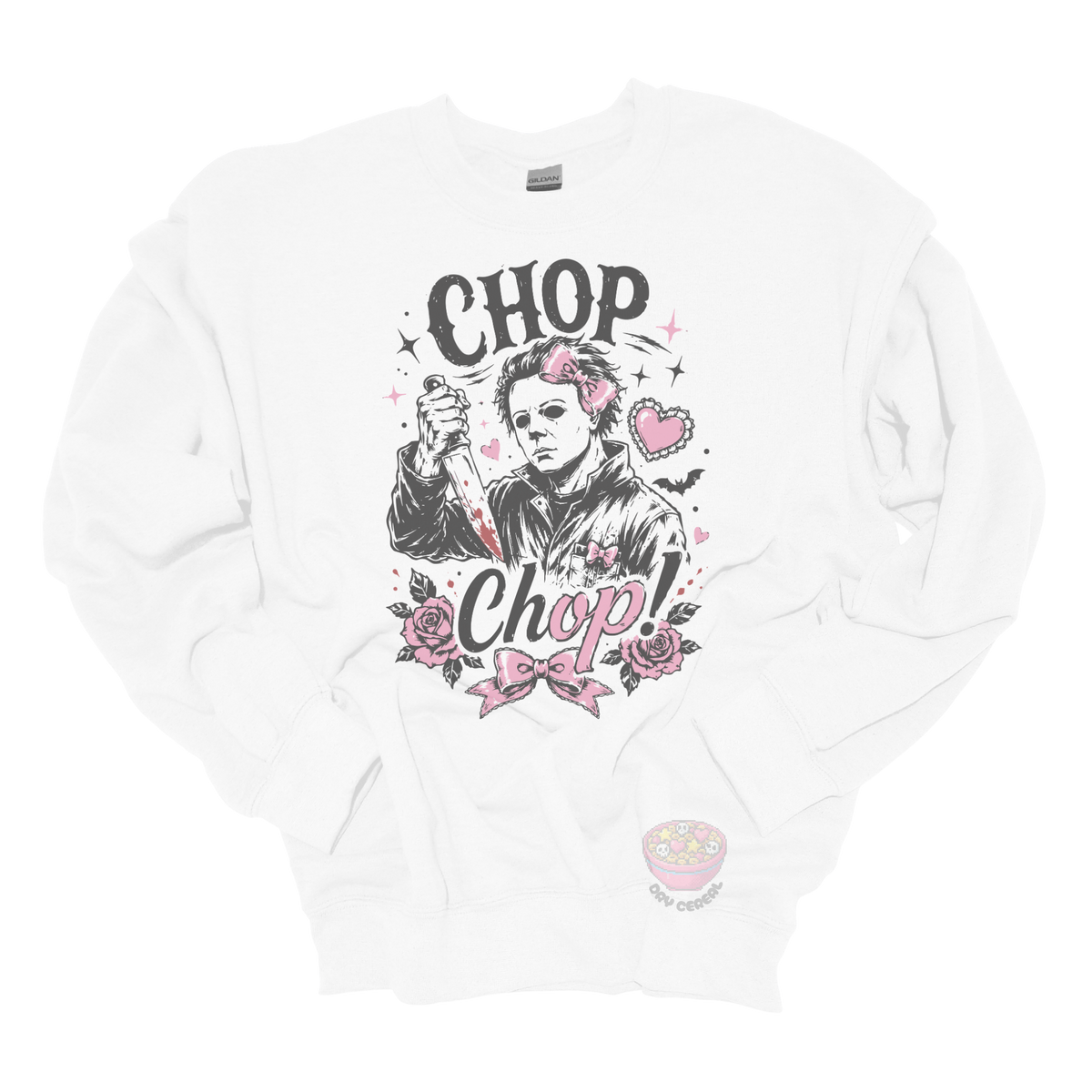 White crewneck sweatshirt featuring a spooky cute slasher-inspired design with pink bows, hearts, roses, bats, and the phrase "Chop Chop."