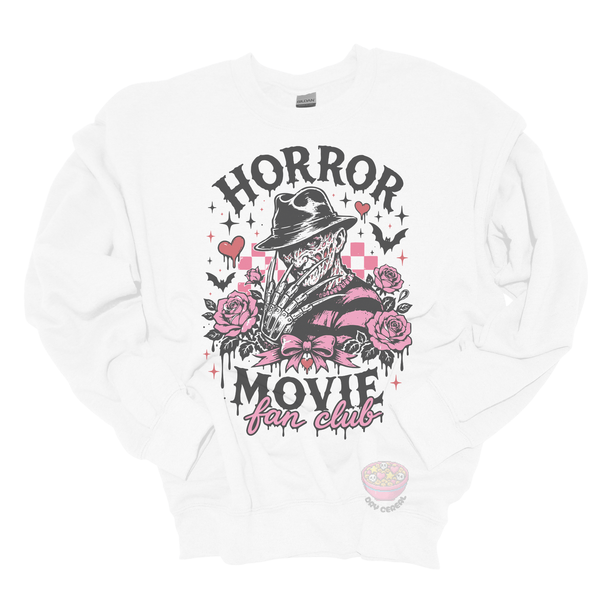 White crewneck sweatshirt featuring a horror-inspired burned slasher character surrounded by pink roses, bats, bows, hearts, and the phrase "Horror Movie Fan Club" in a spooky vintage design.