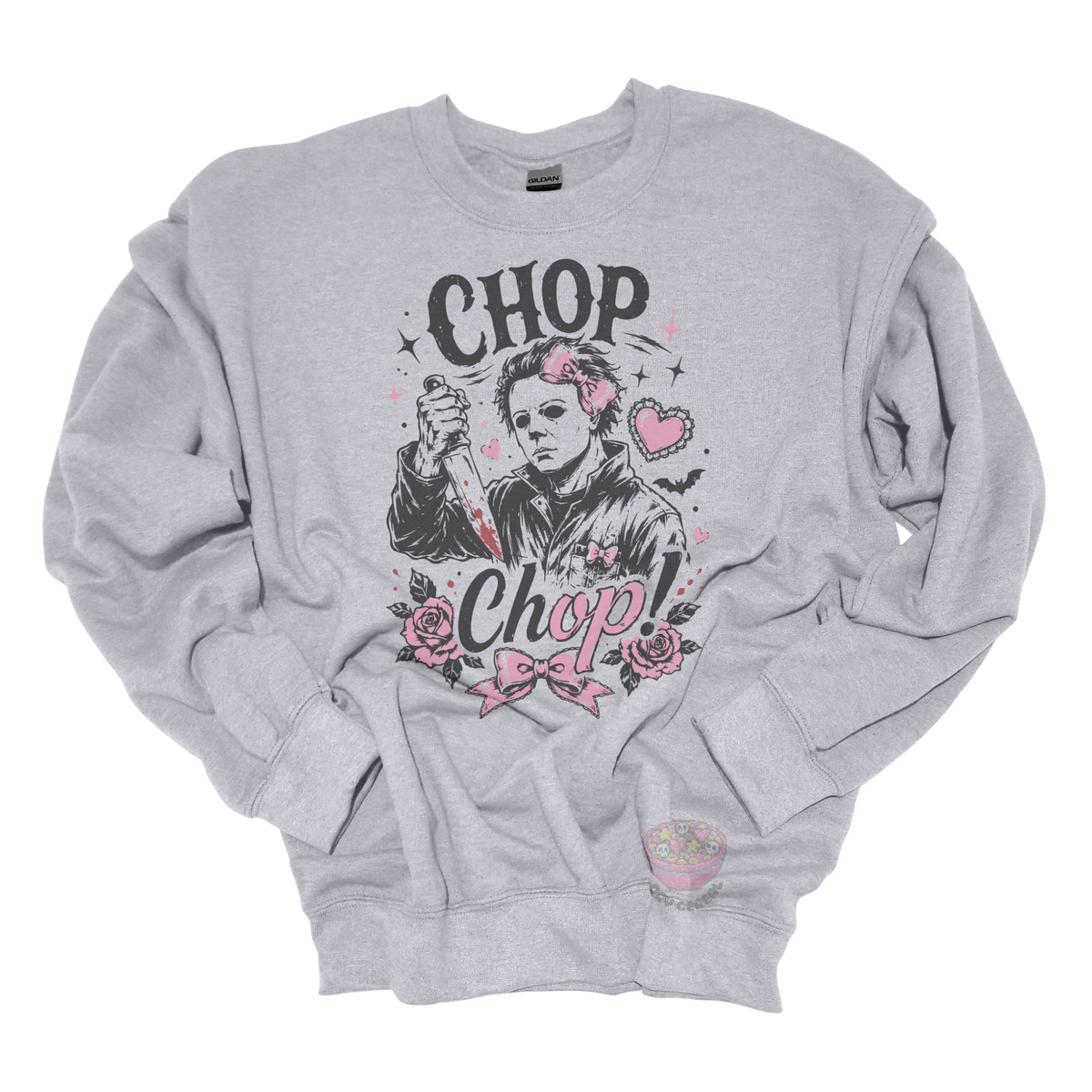 Grey crewneck sweatshirt featuring a spooky cute slasher-inspired design with pink bows, hearts, roses, bats, and the phrase "Chop Chop."