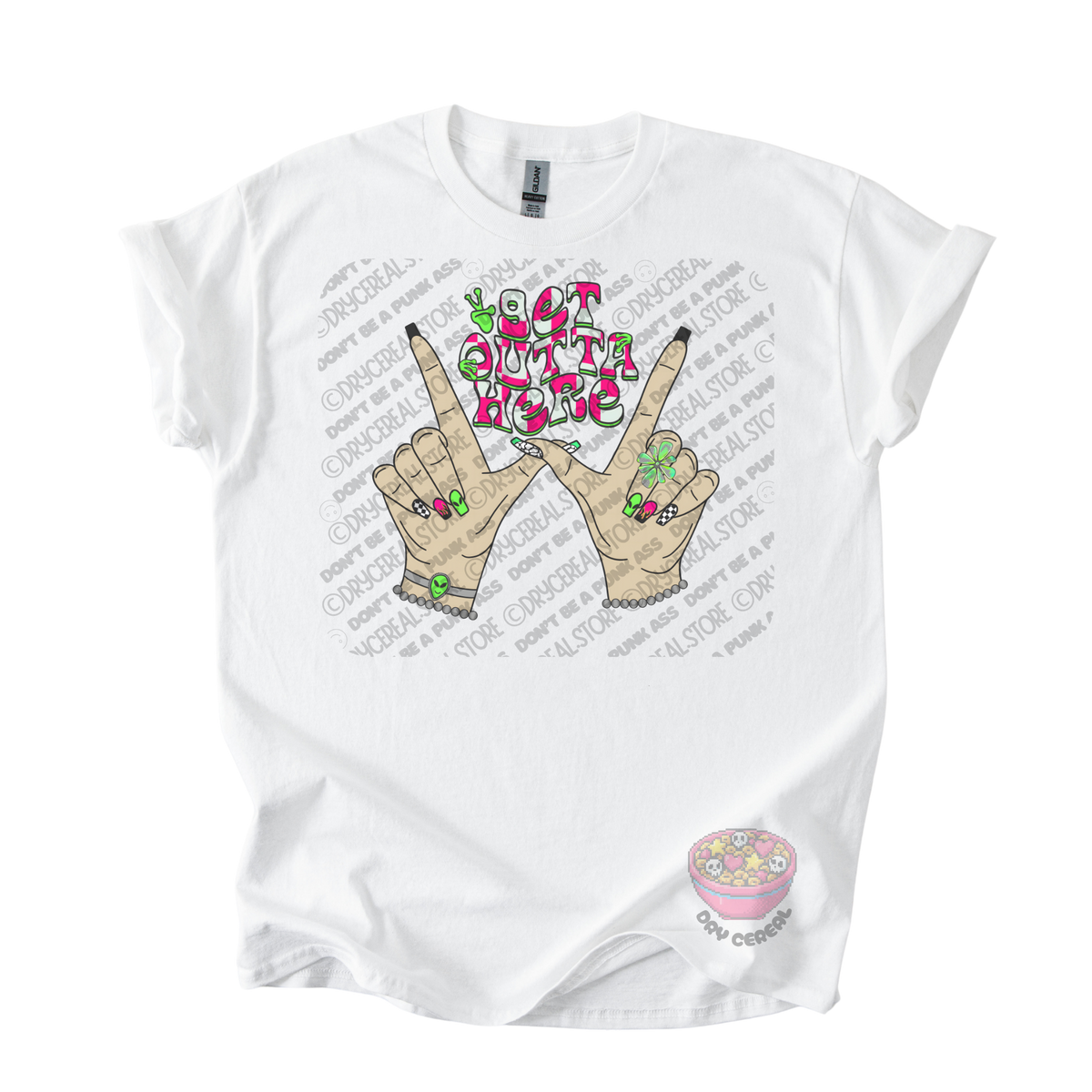 White unisex T-shirt featuring the phrase "Get Outta Here" above Y2K-inspired hands making the iconic gesture with colorful nails, alien accents, bracelets, and retro lettering.
