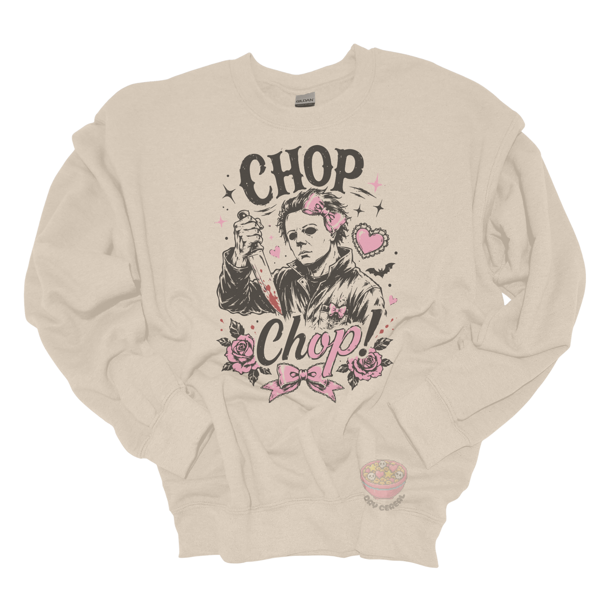Beige crewneck sweatshirt featuring a spooky cute slasher-inspired design with pink bows, hearts, roses, bats, and the phrase "Chop Chop."