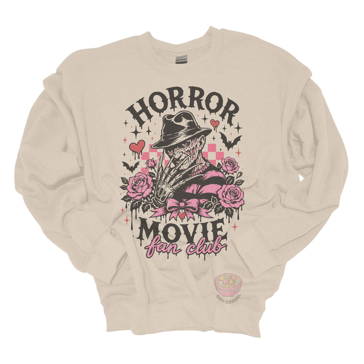 Beige crewneck sweatshirt featuring a horror-inspired burned slasher character surrounded by pink roses, bats, bows, hearts, and the phrase "Horror Movie Fan Club" in a spooky vintage design.