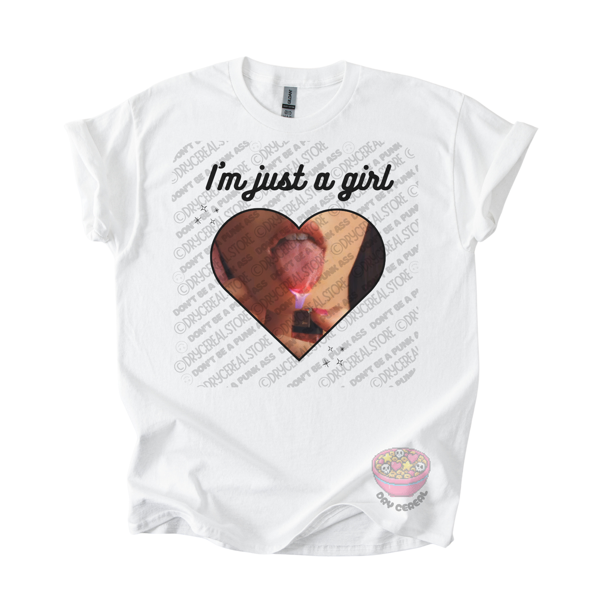 White unisex T-shirt featuring the phrase "I'm just a girl" above an original heart-shaped collage graphic with an edgy alternative aesthetic