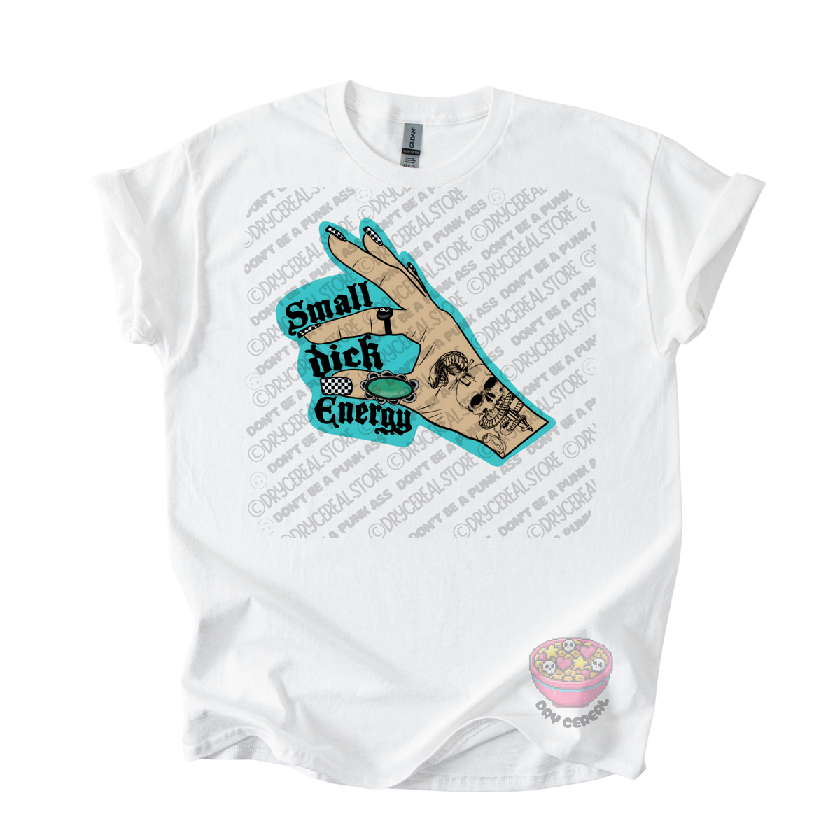 A white short-sleeve graphic t-shirt featuring a hand illustration with a skull and the text 'Small Dick Energy' in teal and black. 