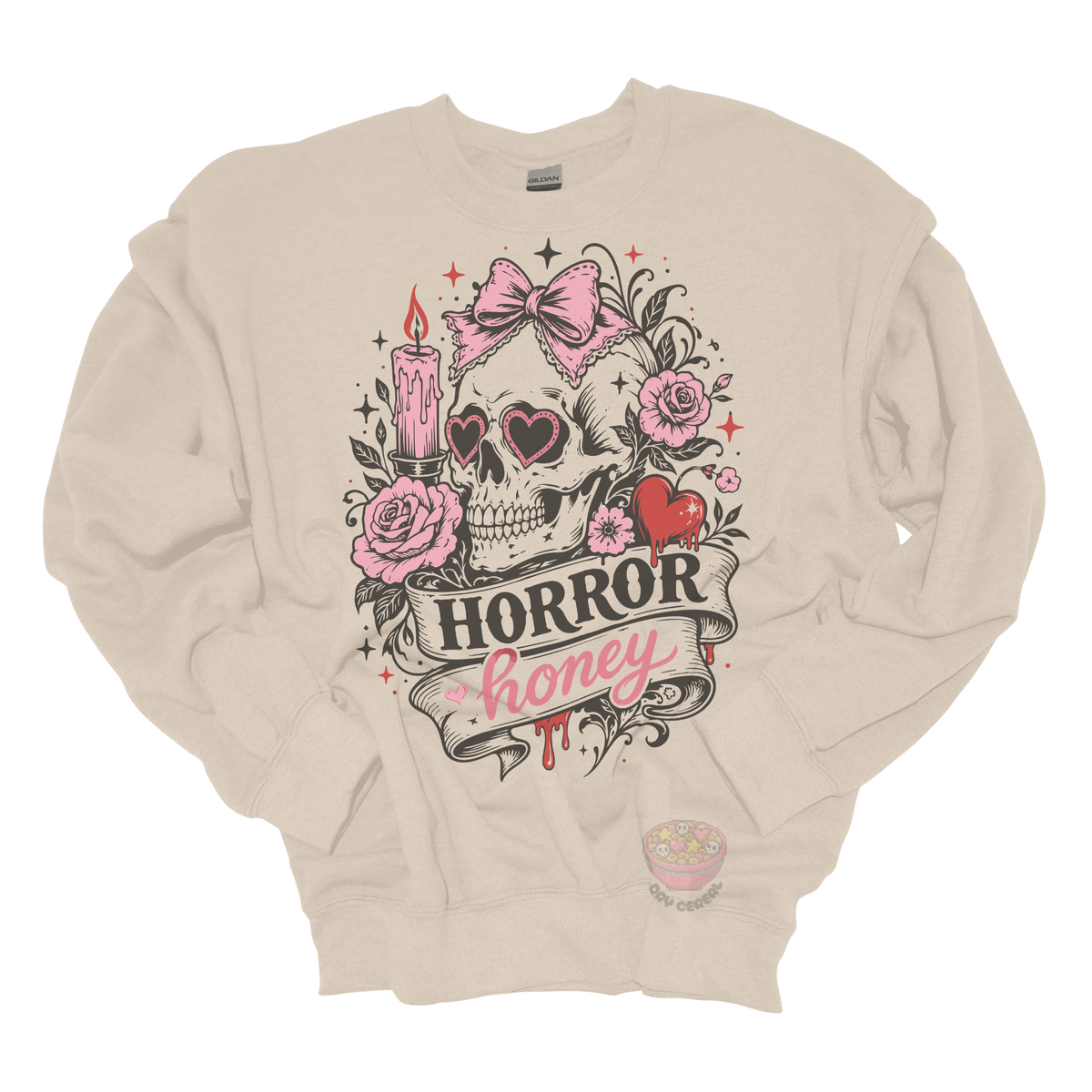 Beige crewneck sweatshirt featuring a vintage skull with heart-shaped sunglasses, pink bow, roses, candle, dripping heart, and the phrase "Horror Honey" in a spooky gothic design.