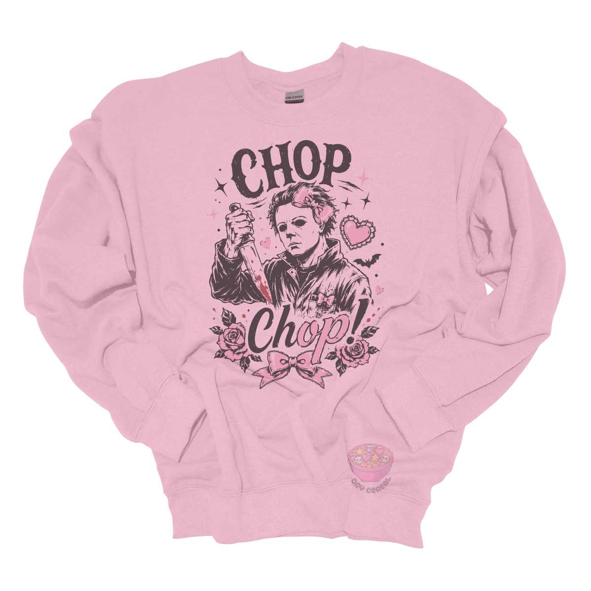 Light pink crewneck sweatshirt featuring a spooky cute slasher-inspired design with pink bows, hearts, roses, bats, and the phrase "Chop Chop."
