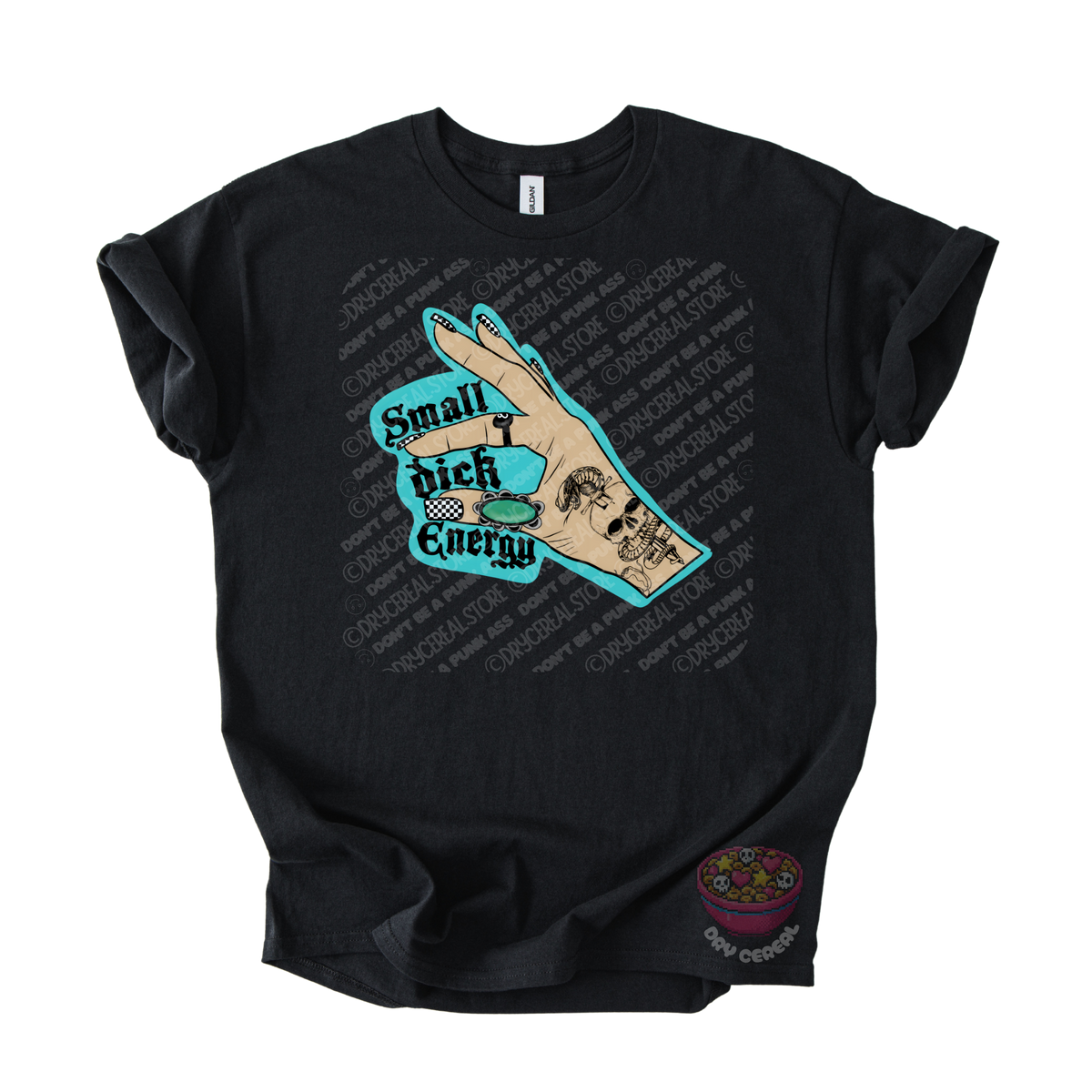 A black short-sleeve graphic t-shirt laid flat on a white background. The front features a central graphic of a hand with a teal outline, with the text 'Small Dick Energy' in black.