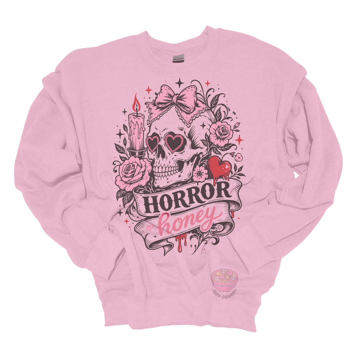 Light pink crewneck sweatshirt featuring a vintage skull with heart-shaped sunglasses, pink bow, roses, candle, dripping heart, and the phrase "Horror Honey" in a spooky gothic design.
