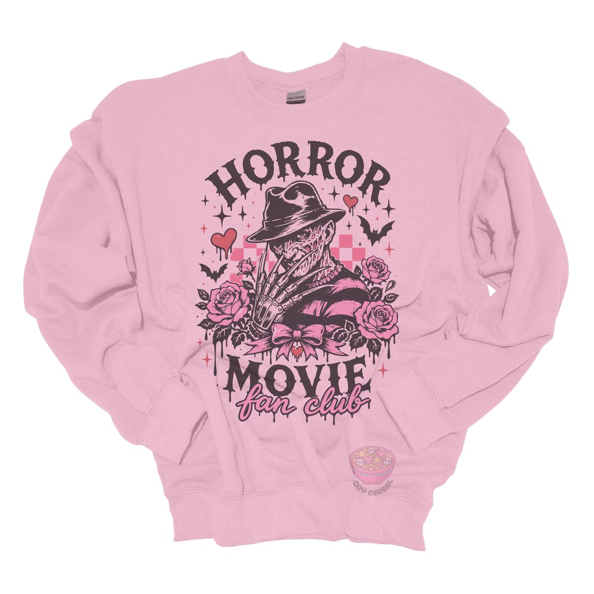 Light pink crewneck sweatshirt featuring a horror-inspired burned slasher character surrounded by pink roses, bats, bows, hearts, and the phrase "Horror Movie Fan Club" in a spooky vintage design.
