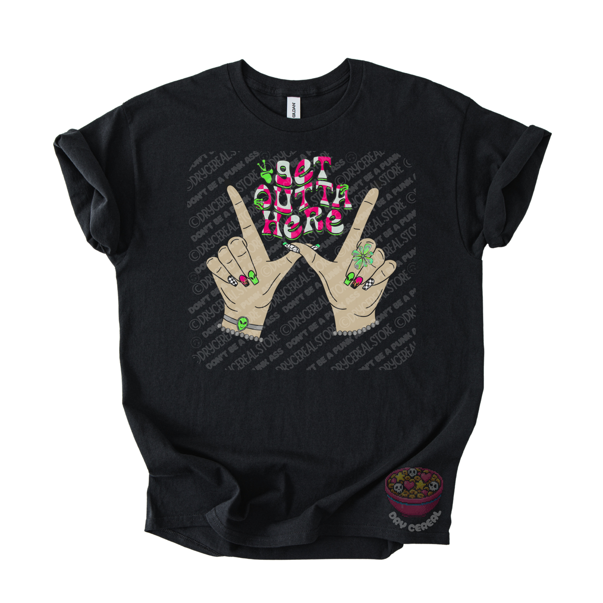 Black unisex T-shirt featuring the phrase "Get Outta Here" above Y2K-inspired hands making the iconic gesture with colorful nails, alien accents, bracelets, and retro lettering.