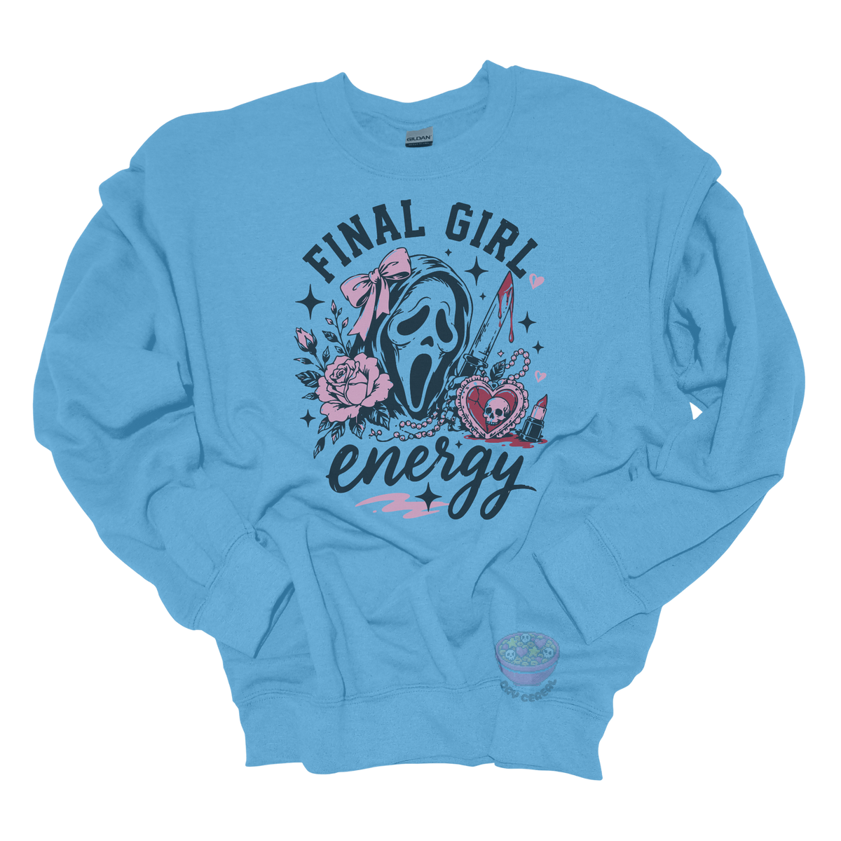 Light blue crewneck sweatshirt featuring a horror-inspired ghost mask design with pink roses, a bloody knife, heart locket, lipstick, and the phrase "Final Girl Energy."