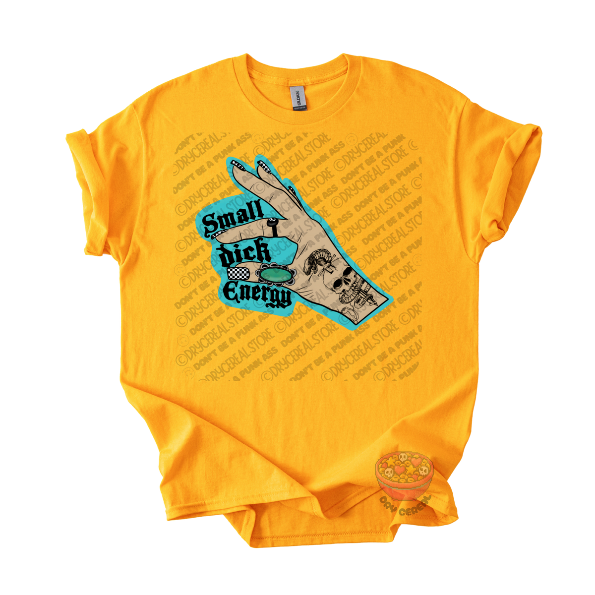 A bright yellow short-sleeve t-shirt with a graphic print on the front. The graphic features a hand , with the text 'Small dick Energy' in black.