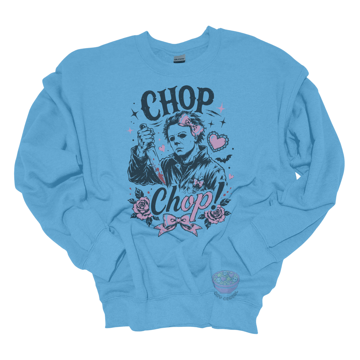 Light blue crewneck sweatshirt featuring a spooky cute slasher-inspired design with pink bows, hearts, roses, bats, and the phrase "Chop Chop."