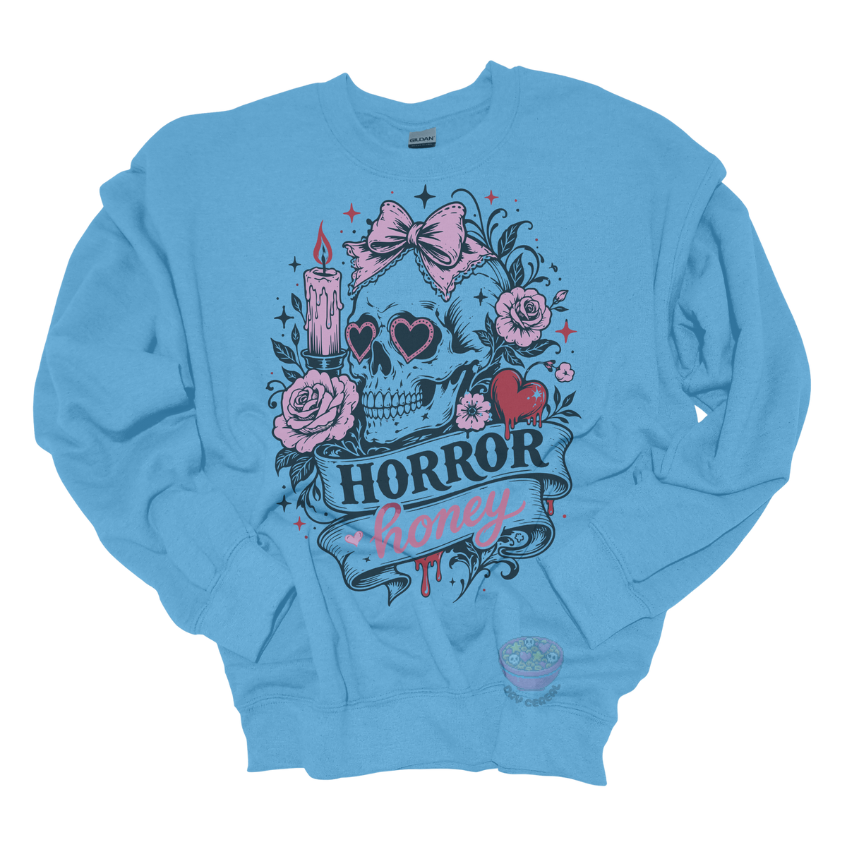 Light blue crewneck sweatshirt featuring a vintage skull with heart-shaped sunglasses, pink bow, roses, candle, dripping heart, and the phrase "Horror Honey" in a spooky gothic design.