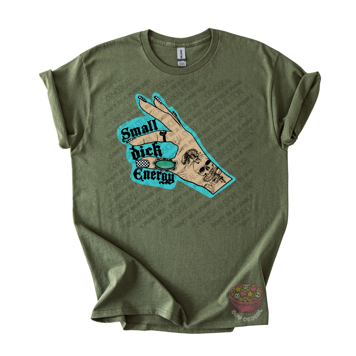 An olive green graphic t-shirt featuring a hand graphic with the text 'Small dick Energy' in black and teal,.