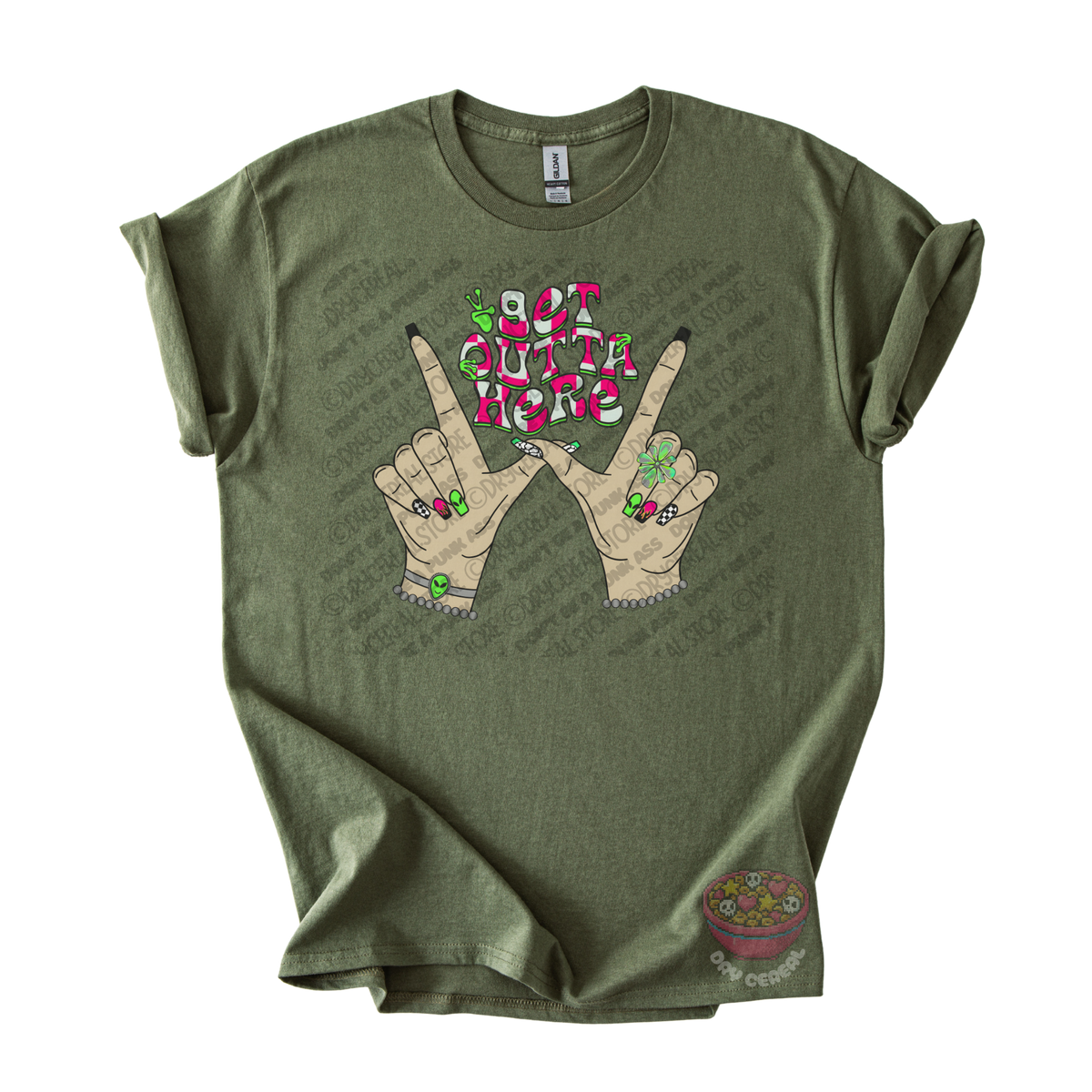 Olive green unisex T-shirt featuring the phrase "Get Outta Here" above Y2K-inspired hands making the iconic gesture with colorful nails, alien accents, bracelets, and retro lettering.