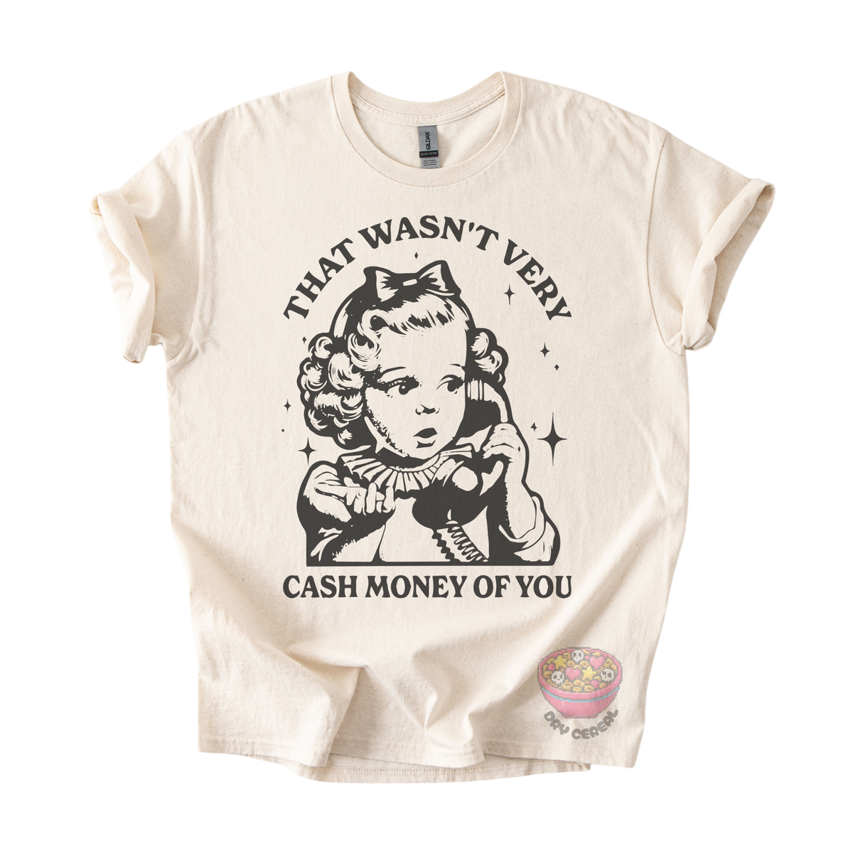 An off-white short-sleeve graphic t-shirt featuring a black-and-white retro illustration of a young girl on a telephone with the text 'THAT WASN'T VERY CASH MONEY OF YOU'.