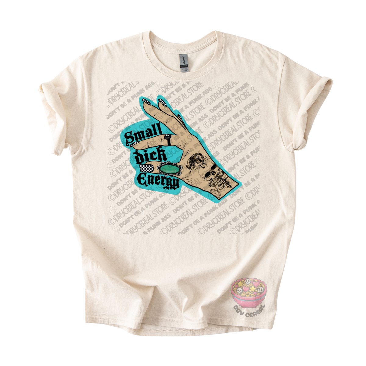 An off-white short-sleeve graphic t-shirt featuring a central design of a hand with a skull tattoo and a turquoise speech bubble that reads 'Small dick Energy'. 