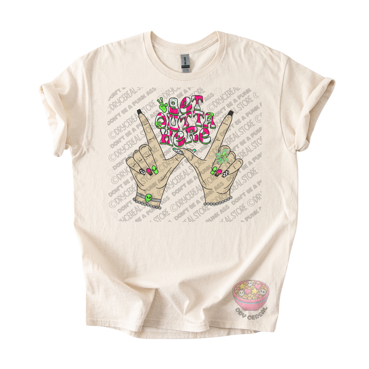 Natural unisex T-shirt featuring the phrase "Get Outta Here" above Y2K-inspired hands making the iconic gesture with colorful nails, alien accents, bracelets, and retro lettering.