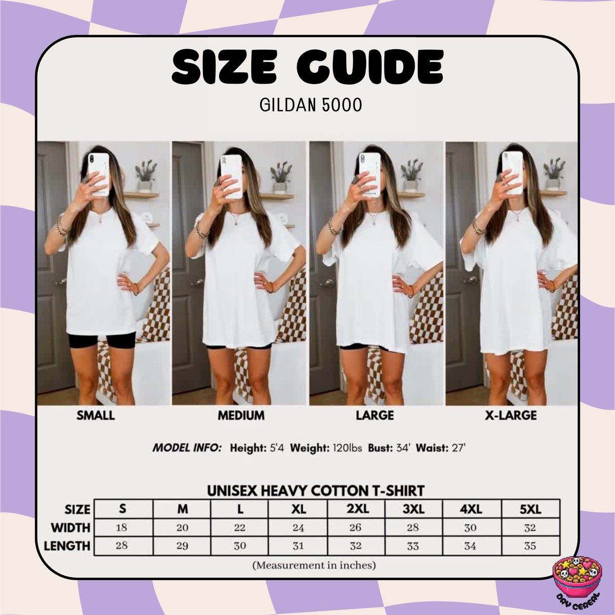 A size guide infographic for the Gildan 5000 unisex heavy cotton t-shirt, showing four model photos from small to X-Large with measurements and a sizing table below.