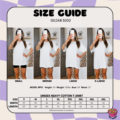A size guide infographic for the Gildan 5000 unisex heavy cotton t-shirt, showing four model photos from small to X-Large with measurements and a sizing table below.