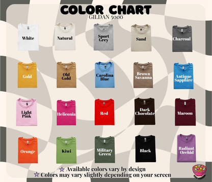 A color chart graphic displaying 20 folded t-shirts in various colors arranged in a grid, with the title 'COLOR CHART GILDAN 5000' at the top and color names labeled on each shirt. The background is a beige and gray geometric pattern.