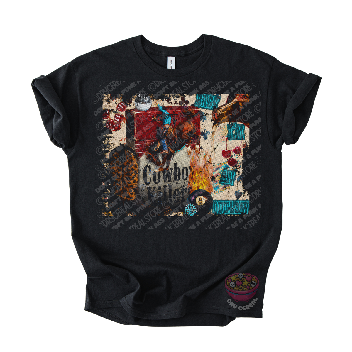 Black unisex T-shirt featuring an original Cowboy Killer western collage graphic with distressed vintage textures, cherries, dice, flames, and outlaw-inspired artwork.