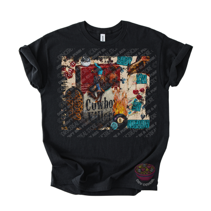 Black unisex T-shirt featuring an original Cowboy Killer western collage graphic with distressed vintage textures, cherries, dice, flames, and outlaw-inspired artwork.